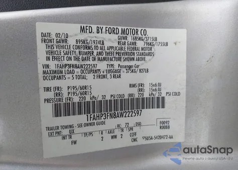 2010 Ford Focus Se z USA, uszkodzony, nr VIN 1FAHP3FN8AW222597